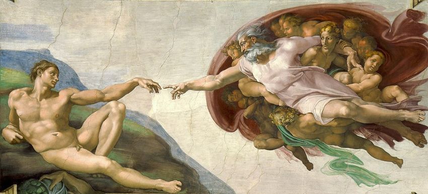 Michelangelo. Genie van de renaissance. 
Michelangelo, Sixtijnse plafond, detail: Schepping van Adam, 1508-12, Vaticaanstad, Sixtijnse kapel Michelangelo. Genie van de renaissance. 
Michelangelo, Sixtijnse plafond, detail: Schepping van Adam, 1508-12, Vaticaanstad, Sixtijnse kapel