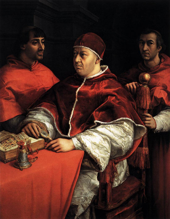 Rafaël Sanzio, Portret van paus Leo X met twee kardinalen, 1518-19, Florence-Uffizi