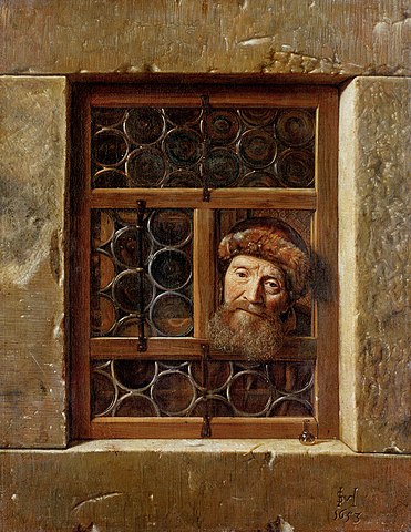 Samuel van Hoogstraten, Oude man in het venster, 1653, Wenen, Kunsthistorisches Museum